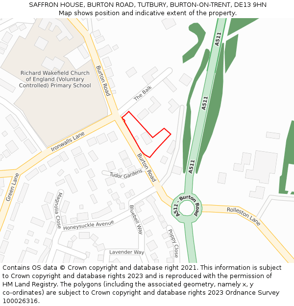 SAFFRON HOUSE, BURTON ROAD, TUTBURY, BURTON-ON-TRENT, DE13 9HN: Location map and indicative extent of plot