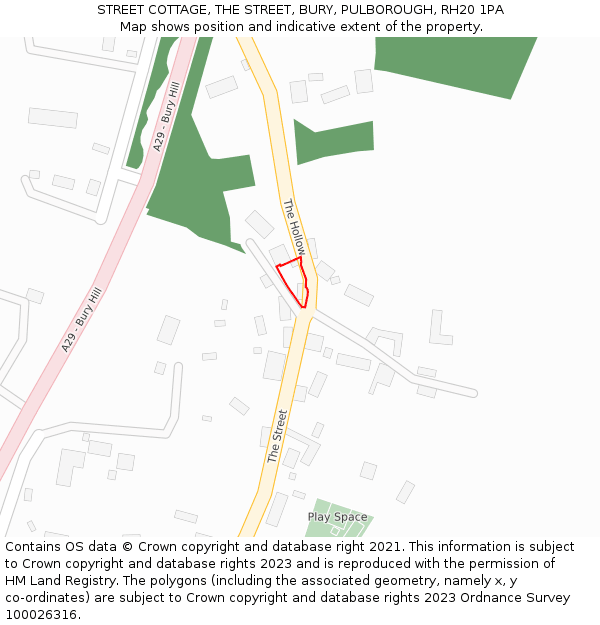 STREET COTTAGE, THE STREET, BURY, PULBOROUGH, RH20 1PA: Location map and indicative extent of plot