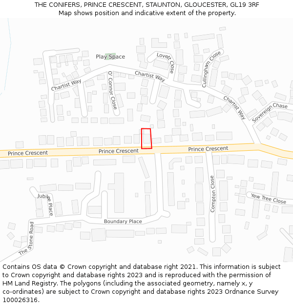THE CONIFERS, PRINCE CRESCENT, STAUNTON, GLOUCESTER, GL19 3RF: Location map and indicative extent of plot