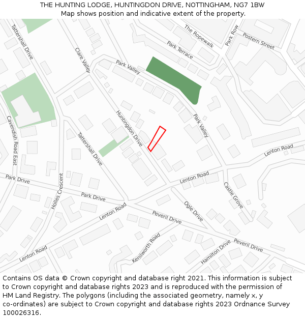 THE HUNTING LODGE, HUNTINGDON DRIVE, NOTTINGHAM, NG7 1BW: Location map and indicative extent of plot