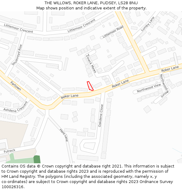 THE WILLOWS, ROKER LANE, PUDSEY, LS28 8NU: Location map and indicative extent of plot