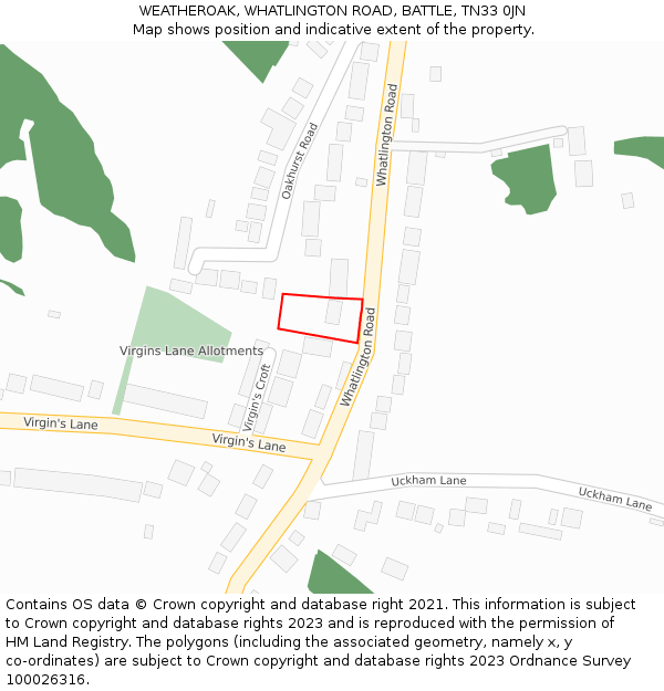 WEATHEROAK, WHATLINGTON ROAD, BATTLE, TN33 0JN: Location map and indicative extent of plot