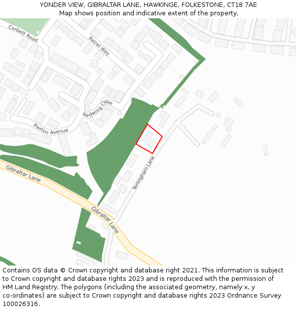 YONDER VIEW, GIBRALTAR LANE, HAWKINGE, FOLKESTONE, CT18 7AE: Location map and indicative extent of plot
