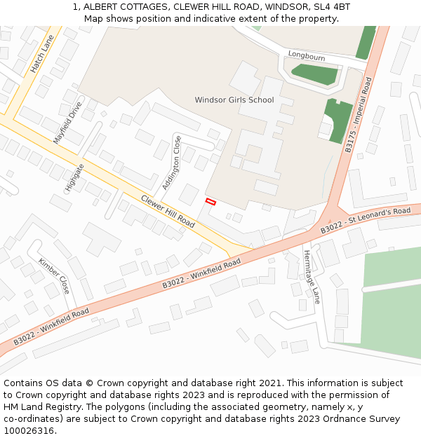 1, ALBERT COTTAGES, CLEWER HILL ROAD, WINDSOR, SL4 4BT: Location map and indicative extent of plot