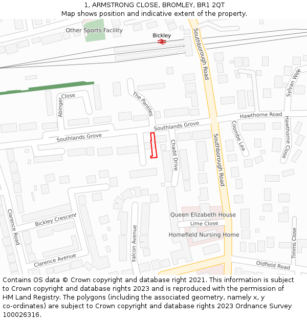 1, ARMSTRONG CLOSE, BROMLEY, BR1 2QT: Location map and indicative extent of plot