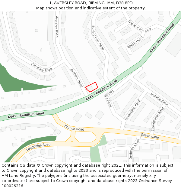 1, AVERSLEY ROAD, BIRMINGHAM, B38 8PD: Location map and indicative extent of plot