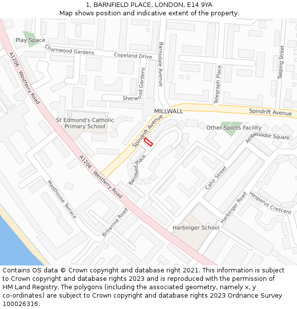 1, BARNFIELD PLACE, LONDON, E14 9YA: Location map and indicative extent of plot