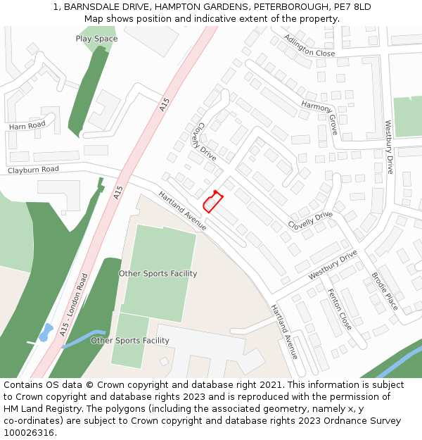 1, BARNSDALE DRIVE, HAMPTON GARDENS, PETERBOROUGH, PE7 8LD: Location map and indicative extent of plot
