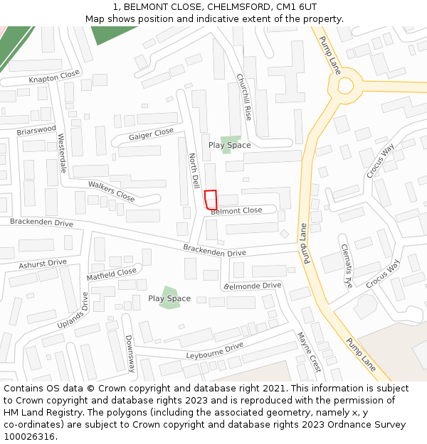 1, BELMONT CLOSE, CHELMSFORD, CM1 6UT: Location map and indicative extent of plot