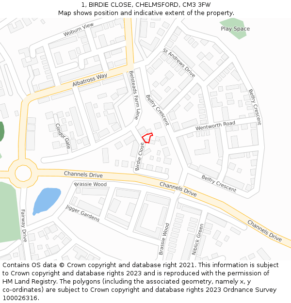 1, BIRDIE CLOSE, CHELMSFORD, CM3 3FW: Location map and indicative extent of plot