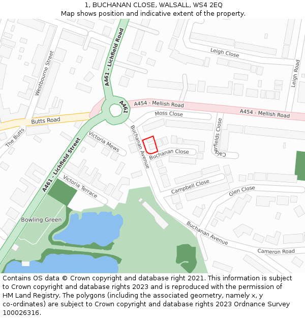 1, BUCHANAN CLOSE, WALSALL, WS4 2EQ: Location map and indicative extent of plot