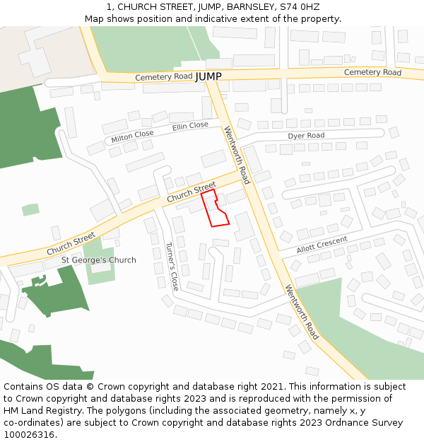 1, CHURCH STREET, JUMP, BARNSLEY, S74 0HZ: Location map and indicative extent of plot