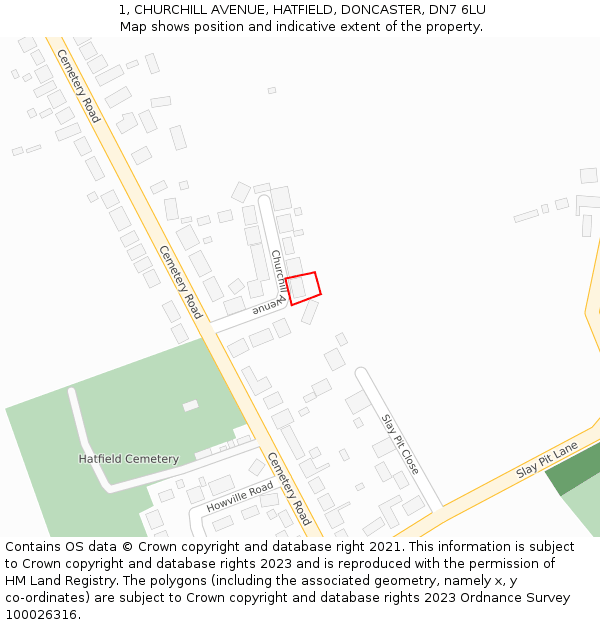 1, CHURCHILL AVENUE, HATFIELD, DONCASTER, DN7 6LU: Location map and indicative extent of plot