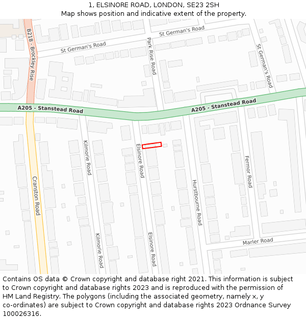 1, ELSINORE ROAD, LONDON, SE23 2SH: Location map and indicative extent of plot