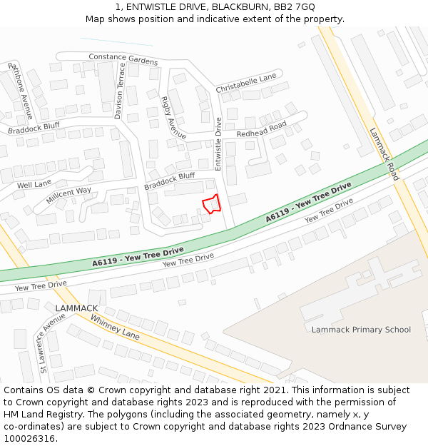 1, ENTWISTLE DRIVE, BLACKBURN, BB2 7GQ: Location map and indicative extent of plot