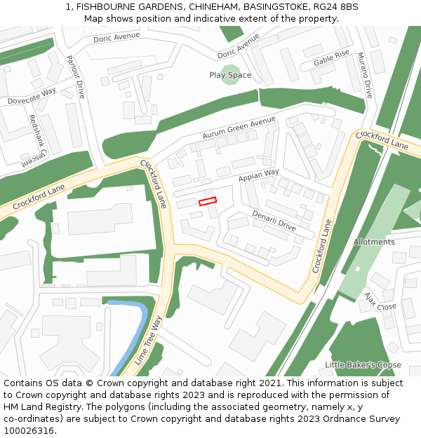 1, FISHBOURNE GARDENS, CHINEHAM, BASINGSTOKE, RG24 8BS: Location map and indicative extent of plot