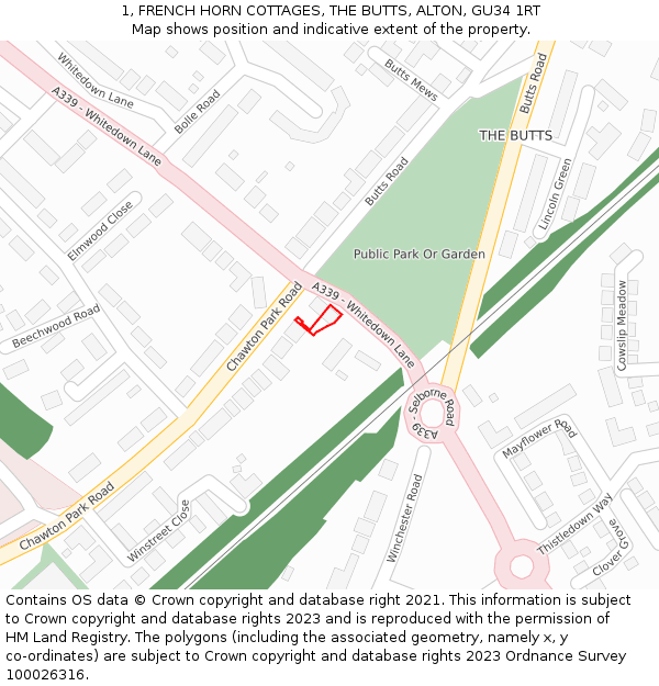 1, FRENCH HORN COTTAGES, THE BUTTS, ALTON, GU34 1RT: Location map and indicative extent of plot