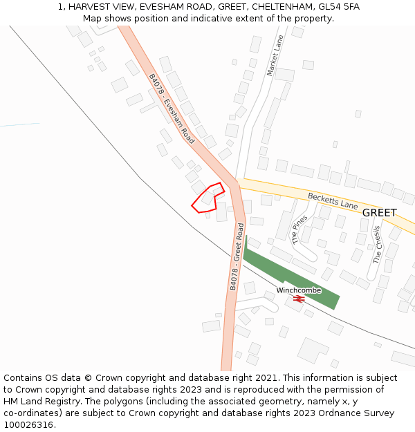 1, HARVEST VIEW, EVESHAM ROAD, GREET, CHELTENHAM, GL54 5FA: Location map and indicative extent of plot