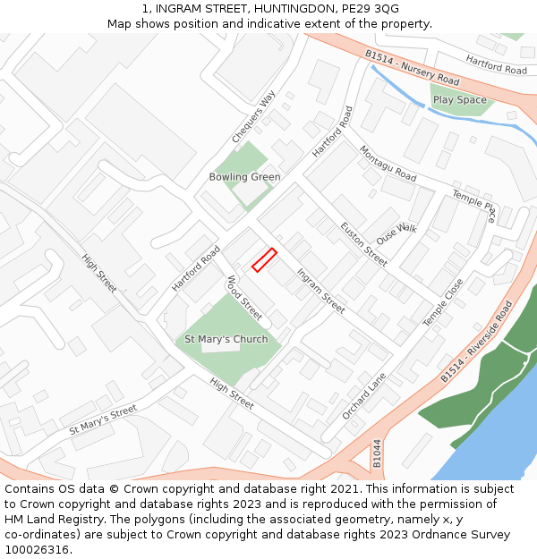 1, INGRAM STREET, HUNTINGDON, PE29 3QG: Location map and indicative extent of plot