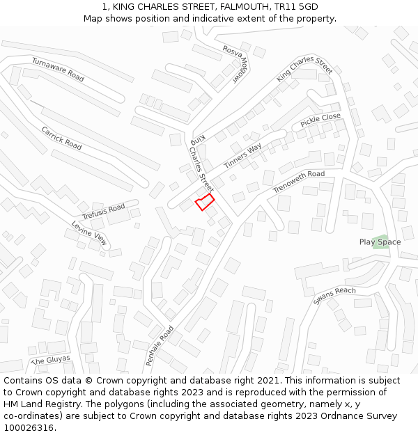 1, KING CHARLES STREET, FALMOUTH, TR11 5GD: Location map and indicative extent of plot