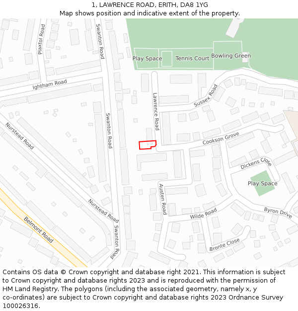 1, LAWRENCE ROAD, ERITH, DA8 1YG: Location map and indicative extent of plot