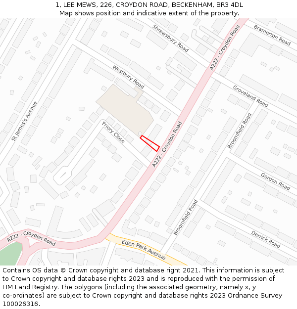 1, LEE MEWS, 226, CROYDON ROAD, BECKENHAM, BR3 4DL: Location map and indicative extent of plot