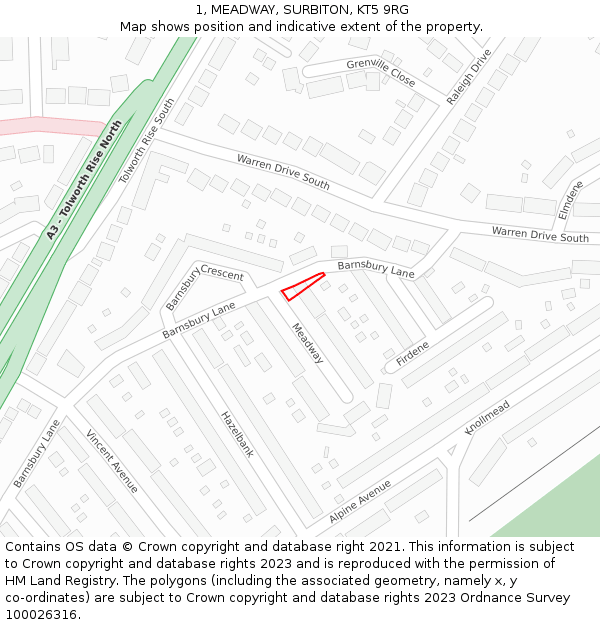 1, MEADWAY, SURBITON, KT5 9RG: Location map and indicative extent of plot