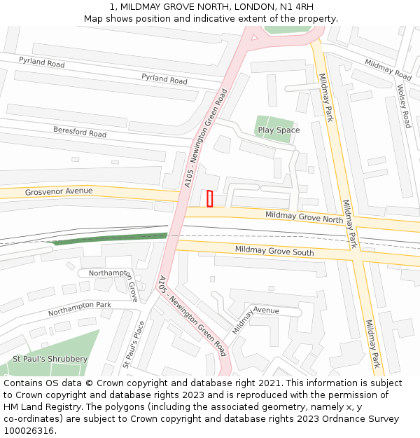 1, MILDMAY GROVE NORTH, LONDON, N1 4RH: Location map and indicative extent of plot