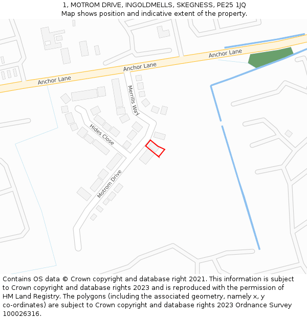 1, MOTROM DRIVE, INGOLDMELLS, SKEGNESS, PE25 1JQ: Location map and indicative extent of plot