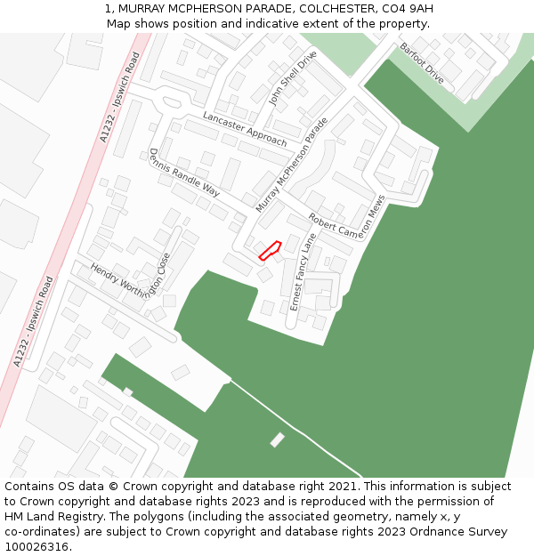 1, MURRAY MCPHERSON PARADE, COLCHESTER, CO4 9AH: Location map and indicative extent of plot