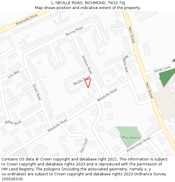 1, NEVILLE ROAD, RICHMOND, TW10 7QJ: Location map and indicative extent of plot