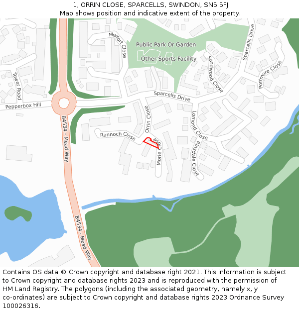 1, ORRIN CLOSE, SPARCELLS, SWINDON, SN5 5FJ: Location map and indicative extent of plot