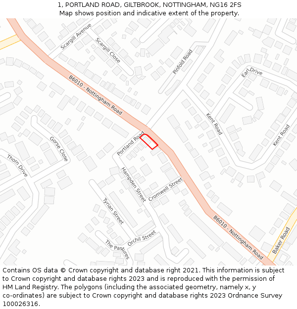 1, PORTLAND ROAD, GILTBROOK, NOTTINGHAM, NG16 2FS: Location map and indicative extent of plot
