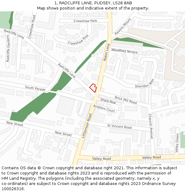 1, RADCLIFFE LANE, PUDSEY, LS28 8AB: Location map and indicative extent of plot