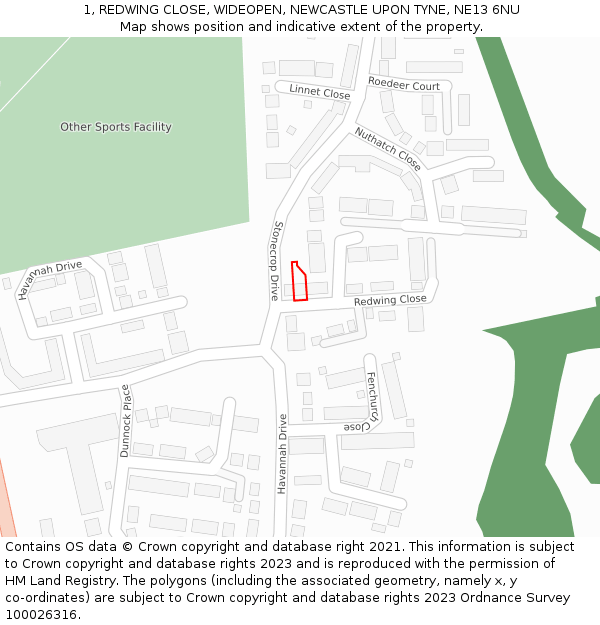 1, REDWING CLOSE, WIDEOPEN, NEWCASTLE UPON TYNE, NE13 6NU: Location map and indicative extent of plot
