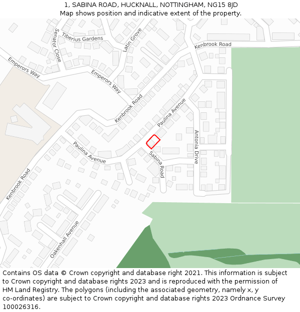 1, SABINA ROAD, HUCKNALL, NOTTINGHAM, NG15 8JD: Location map and indicative extent of plot