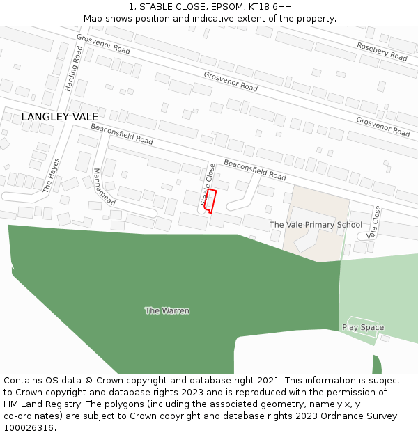 1, STABLE CLOSE, EPSOM, KT18 6HH: Location map and indicative extent of plot