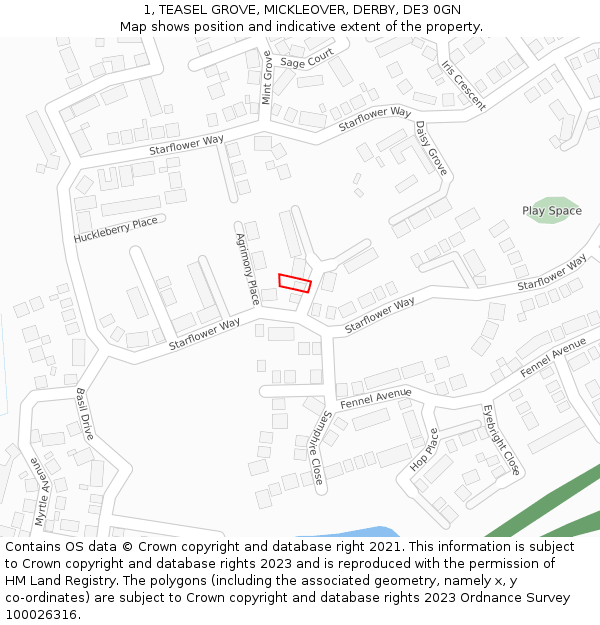1, TEASEL GROVE, MICKLEOVER, DERBY, DE3 0GN: Location map and indicative extent of plot