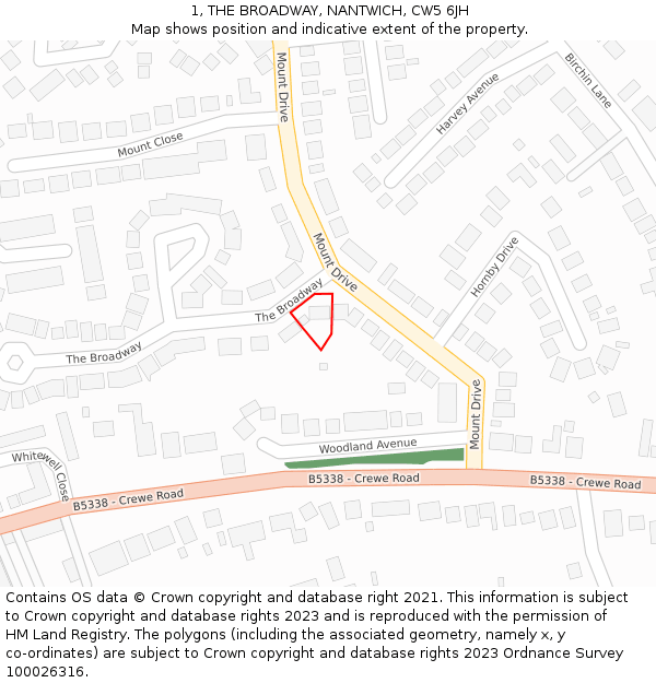 1, THE BROADWAY, NANTWICH, CW5 6JH: Location map and indicative extent of plot