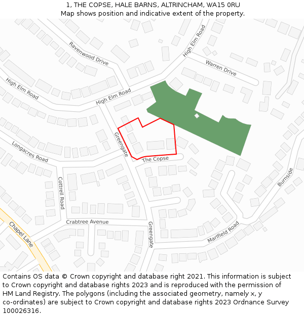 1, THE COPSE, HALE BARNS, ALTRINCHAM, WA15 0RU: Location map and indicative extent of plot