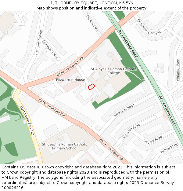 1, THORNBURY SQUARE, LONDON, N6 5YN: Location map and indicative extent of plot