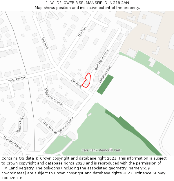 1, WILDFLOWER RISE, MANSFIELD, NG18 2AN: Location map and indicative extent of plot