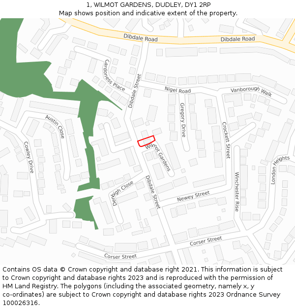 1, WILMOT GARDENS, DUDLEY, DY1 2RP: Location map and indicative extent of plot