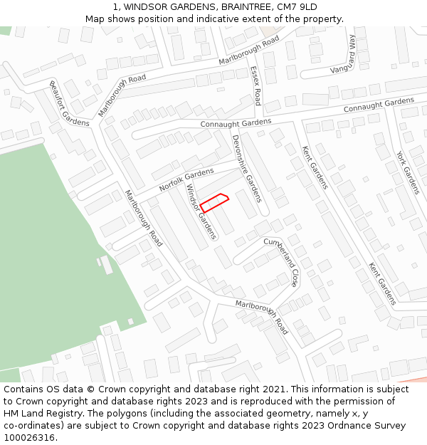 1, WINDSOR GARDENS, BRAINTREE, CM7 9LD: Location map and indicative extent of plot