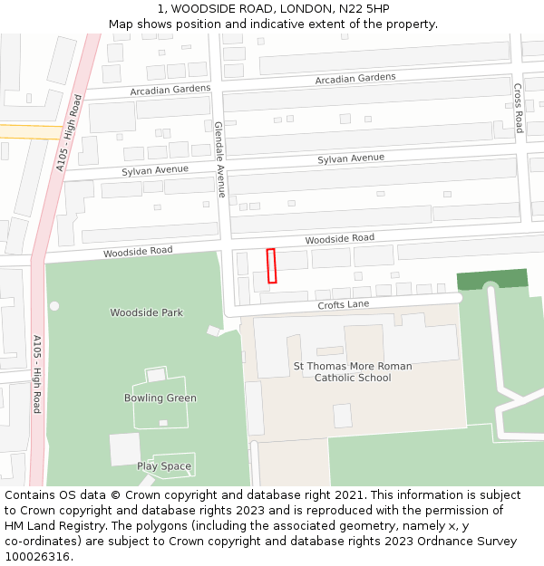 1, WOODSIDE ROAD, LONDON, N22 5HP: Location map and indicative extent of plot