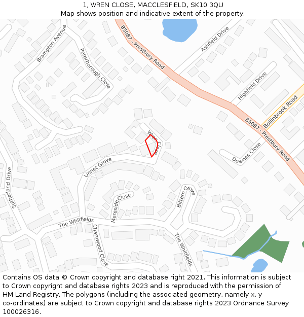 1, WREN CLOSE, MACCLESFIELD, SK10 3QU: Location map and indicative extent of plot