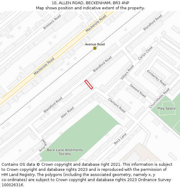 10, ALLEN ROAD, BECKENHAM, BR3 4NP: Location map and indicative extent of plot