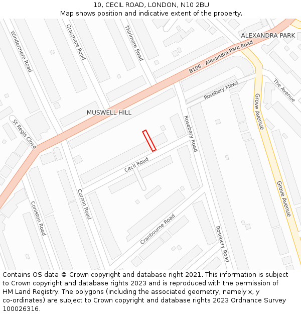 10, CECIL ROAD, LONDON, N10 2BU: Location map and indicative extent of plot