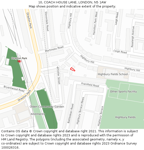 10, COACH HOUSE LANE, LONDON, N5 1AW: Location map and indicative extent of plot