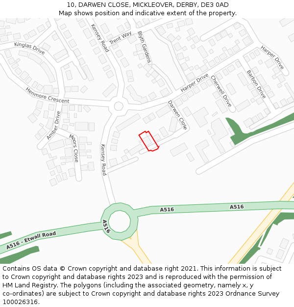 10, DARWEN CLOSE, MICKLEOVER, DERBY, DE3 0AD: Location map and indicative extent of plot